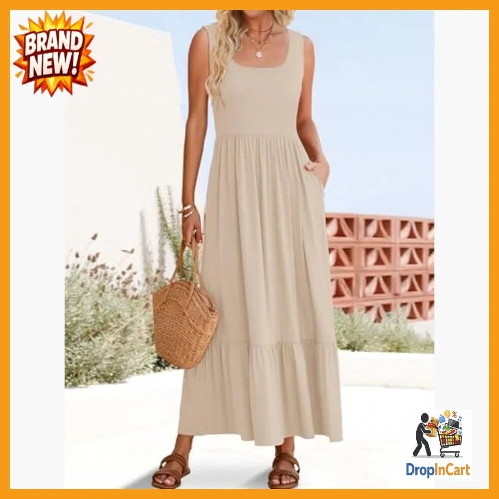 Sleeveless Square Neck Pleated Swing Maxi Dress Casual Tiered Flowy with Pockets - Picture 2 of 7